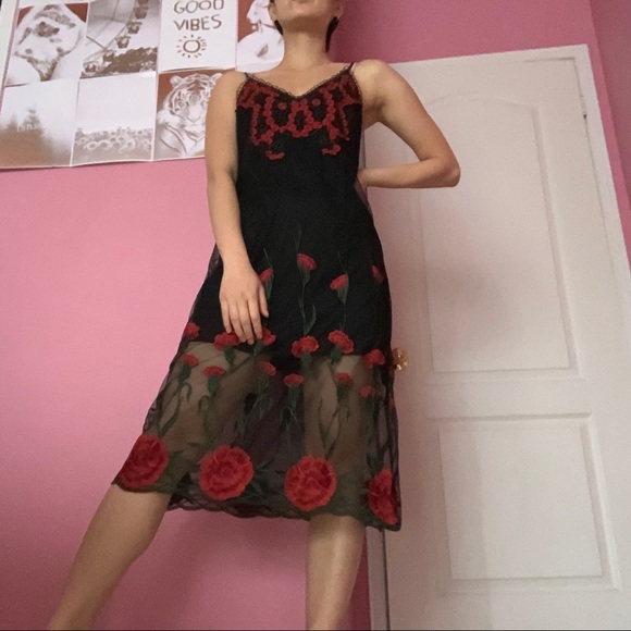 Red Rose Floral Appliqué Midi Dress - Picture 6 of 10